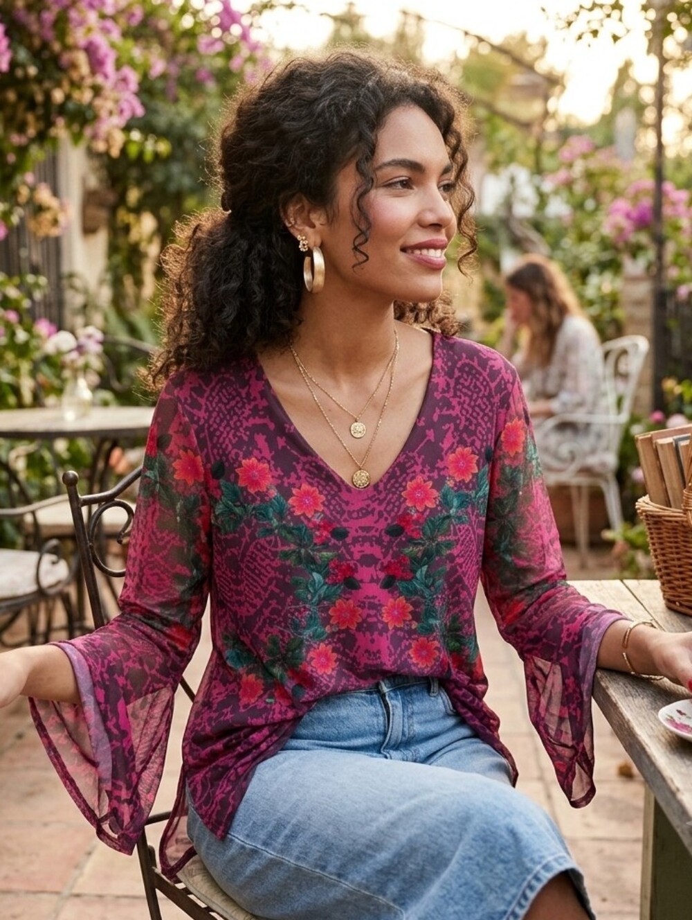 Desigual L Y2K Abstract Mesh Bell Sleeve Shirt Dark Romantic Boho Eclectic Artsy
